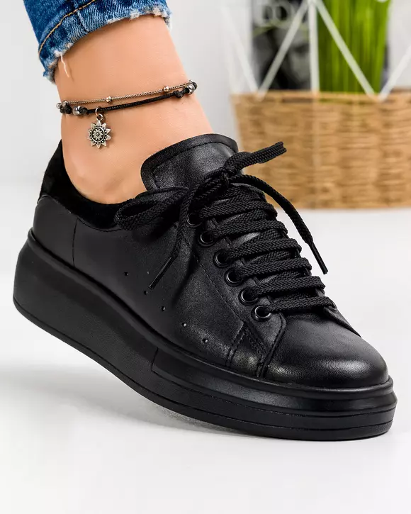 Pantofi casual piele naturala negri cu inchidere siret RAVENA158