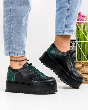Pantofi Casual Piele Naturala Negru cu Verde IN450