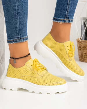 Pantofi Casual Piele Naturala Perforati Galbeni AW382