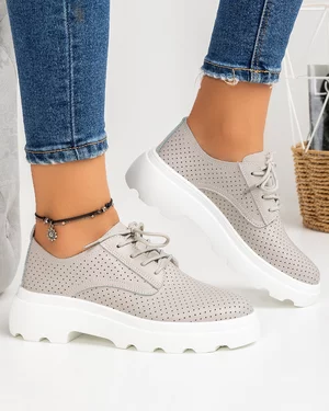 Pantofi Casual Piele Naturala Perforati Gri AW382