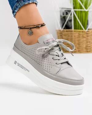 Pantofi Casual Piele Naturala Perforati Gri AW391
