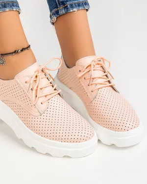 Pantofi Casual Piele Naturala Perforati Roz AW382