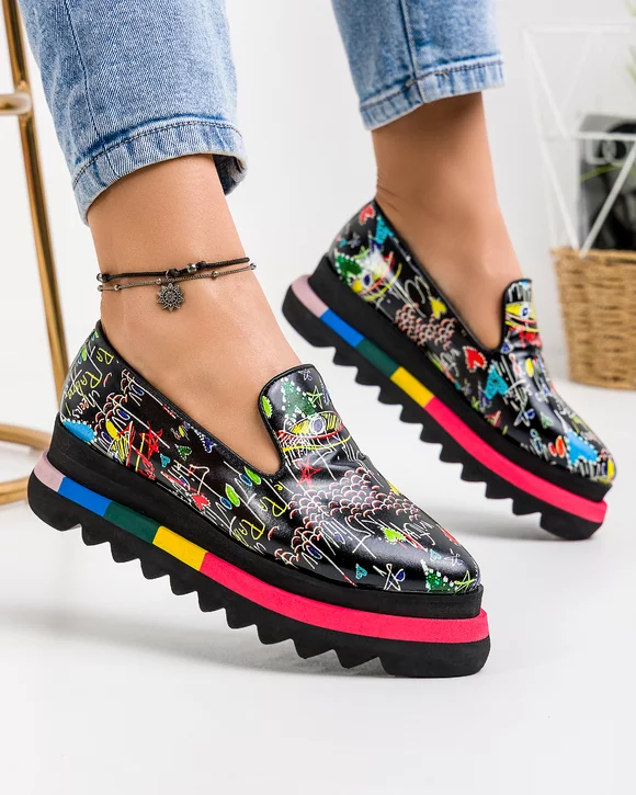 Pantofi Casual Piele Naturala Pictata Negri POL140
