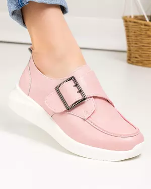 Pantofi casual piele naturala roz cu inchidere scai T-5010
