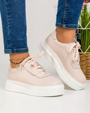 Pantofi casual piele naturala roz cu inchidere siret si talpa alba AW2023-29