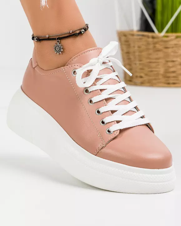 Pantofi casual piele naturala roz inchis cu talpa groasa BA002