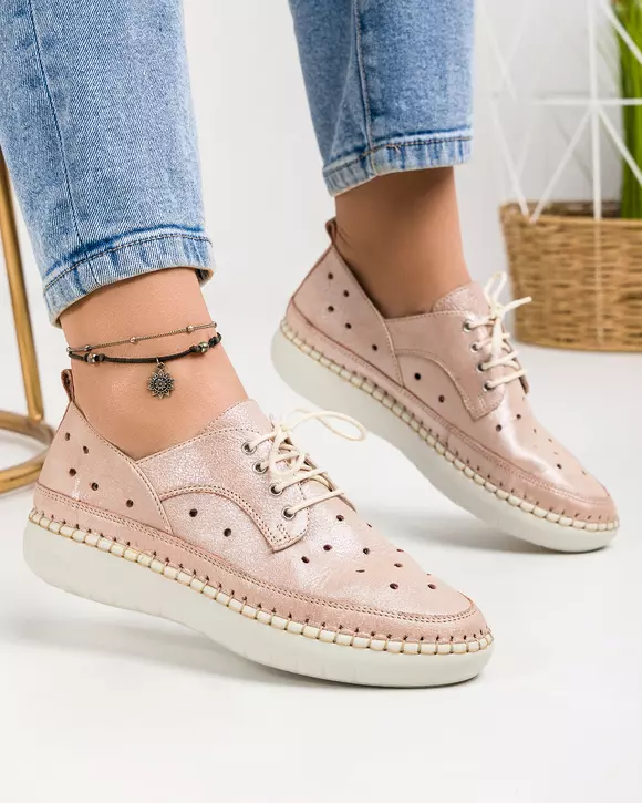 Pantofi casual piele naturala roz sidef perforati si talpa cusuta LF242
