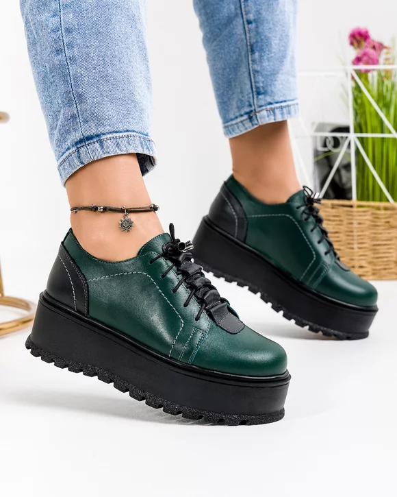 Pantofi Casual Piele Naturala Verde cu Negru IN450