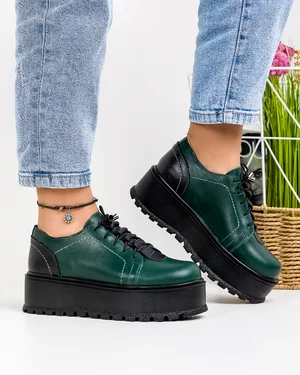 Pantofi Casual Piele Naturala Verde cu Negru IN450