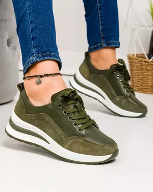 Pantofi casual piele naturala verde inchis cu captuseala naturala T-5100