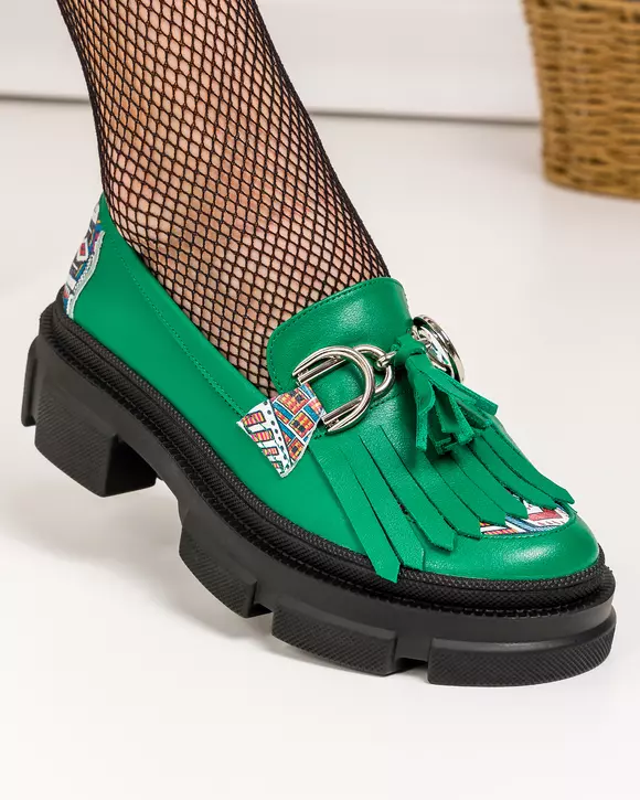 Pantofi casual piele naturala verzi cu franjuri si inchidere slip-on POL215