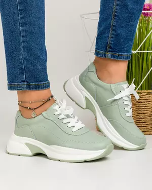 Pantofi casual piele naturala verzi cu talpa alba si inchidere siret AW2023-44