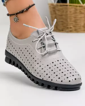 Pantofi Cu Talpa Flexibila Casual Piele Naturala Perforati Cu Siret Gri ZA-201