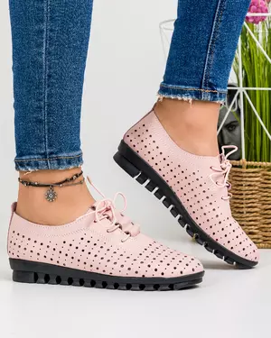 Pantofi Cu Talpa Flexibila Casual Piele Naturala Perforati Cu Siret Roz ZA-201