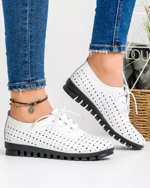 Pantofi Albi Cu Talpa Flexibila Casual Piele Naturala Perforati Cu Siret ZA-201