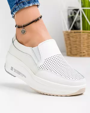 Pantofi Dama Piele Naturala Albi Casual Cu Elastic Perforati XH-3006