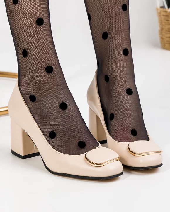 Pantofi Eleganti cu Toc Piele Naturala Bej WIZ15
