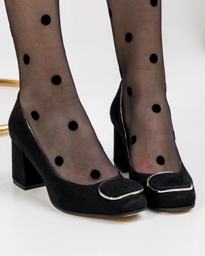 Pantofi Eleganti cu Toc Piele Naturala Intoarsa Negri WIZ15V