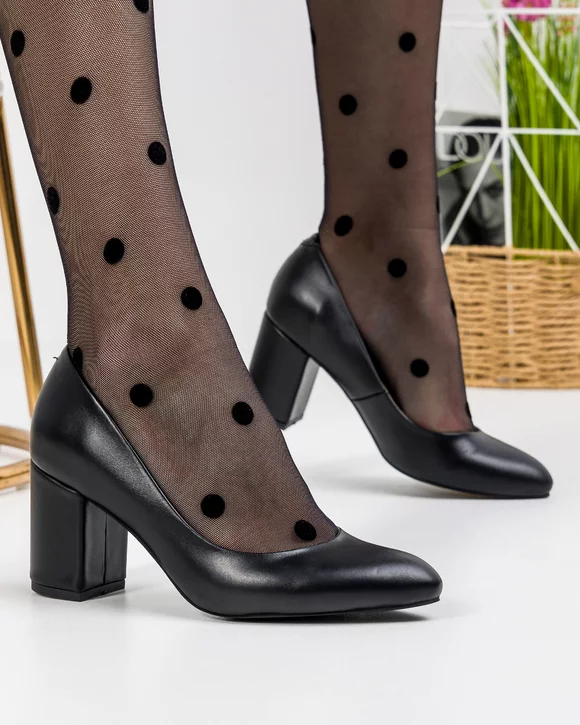 Pantofi Eleganti cu Toc Piele Naturala Negri WIZ13