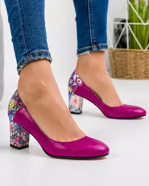 Pantofi eleganti dama piele naturala fucsia cu toc imbracat si model floral WIZ23