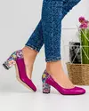 Pantofi eleganti dama piele naturala fucsia cu toc imbracat si model floral WIZ23 1