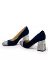 Pantofi eleganti din piele naturala intoarsa cu toc bleumarin si imprimeu auriu WIZ22V 6
