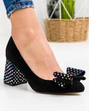 Pantofi eleganti din piele naturala intoarsa cu toc negri si fundita aplicata WIZ18V