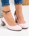 Pantofi eleganti din piele naturala roz cu toc si model geometric multicolor WIZ23 4