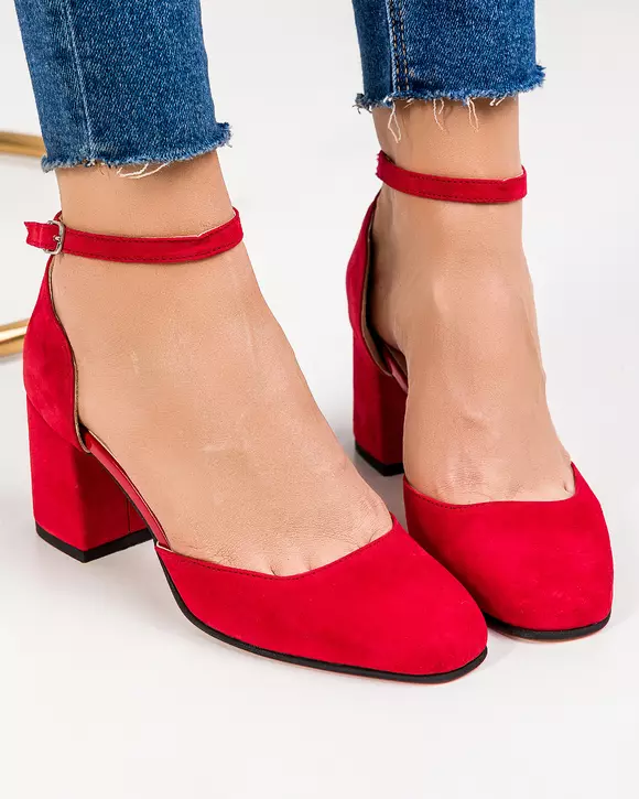 Pantofi eleganti piele naturala intoarsa rosii cu toc gros si inchidere catarama WIZ23V