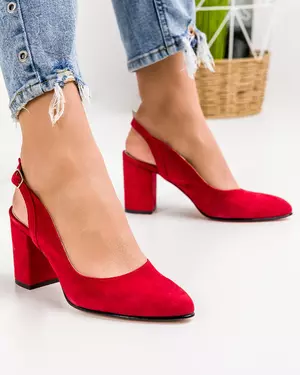 Pantofi eleganti piele naturala intoarsa rosii cu toc gros WIZ38