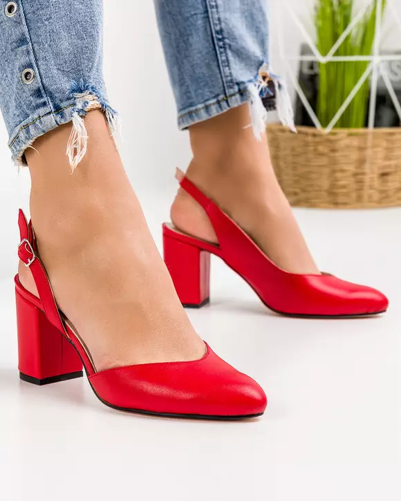 Pantofi eleganti piele naturala rosii cu toc gros WIZ34