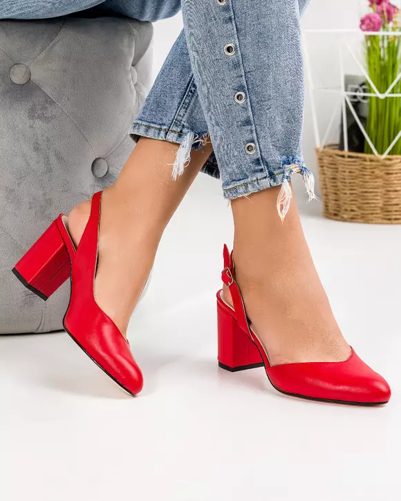Pantofi eleganti piele naturala rosii cu toc gros WIZ34