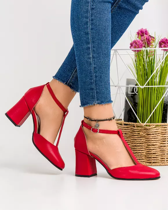 Pantofi eleganti piele naturala rosii cu toc gros WIZ39