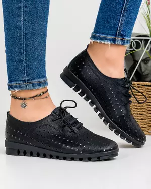 Pantofi Negri Cu Talpa Flexibila Casual Piele Naturala Perforati Cu Siret ZA-201
