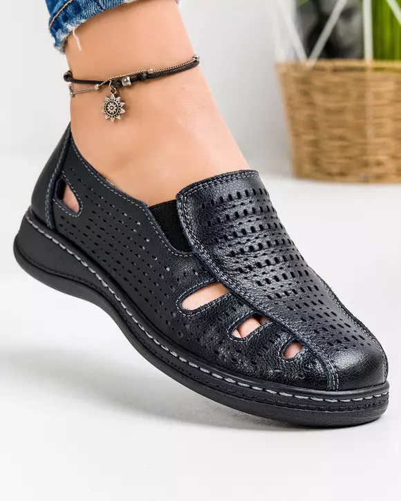 Pantofi Negri Dama Piele Naturala Perforati Cu Elastic Casual XH047