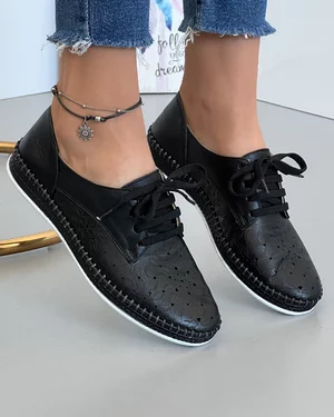 Pantofi Negri Din Piele Naturala Cu Motive Florale Casual De Dama AKG02