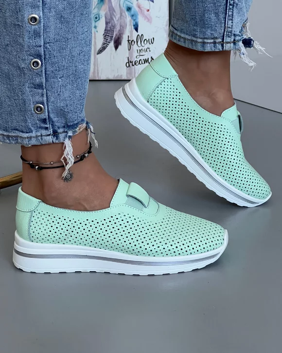 Pantofi Perforati Dama Casual Din Piele Naturala Verzi XH-3011