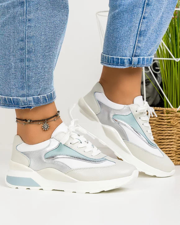 Pantofi Piele Naturala Adnana Argintii + Albastru