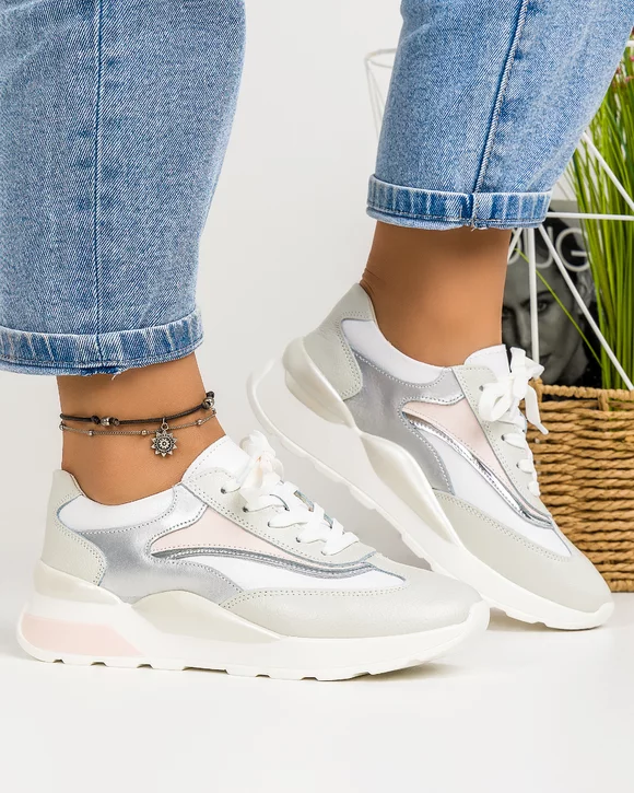 Pantofi Piele Naturala Adnana Argintii + Roz