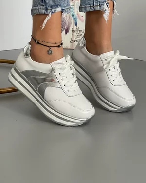 Pantofi Piele Naturala Adria Alb + Argintiu