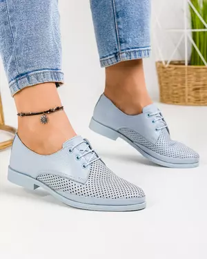 Pantofi Piele Naturala Albastri Cu Siret Casual Perforati AKM1115