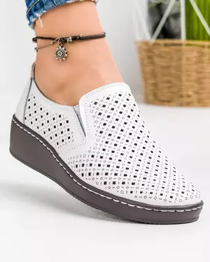 Pantofi Piele Naturala Albi Perforati Dama JY1022