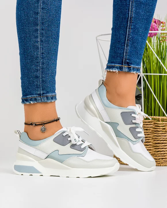 Pantofi Piele Naturala AW201 Albi cu Albastru