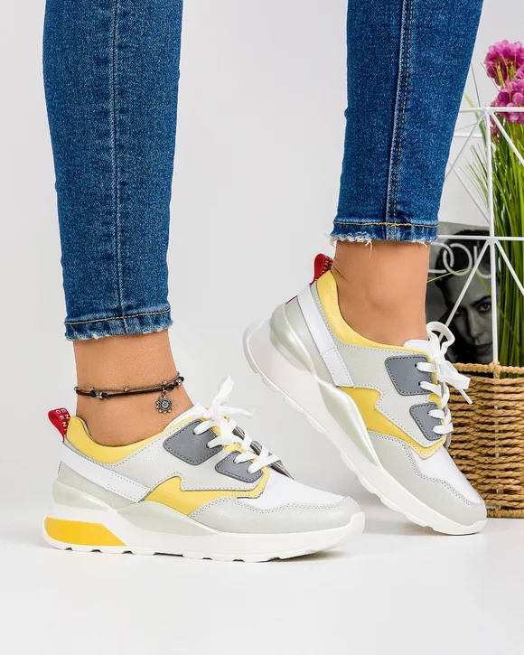 Pantofi Piele Naturala AW201 Albi cu Galben