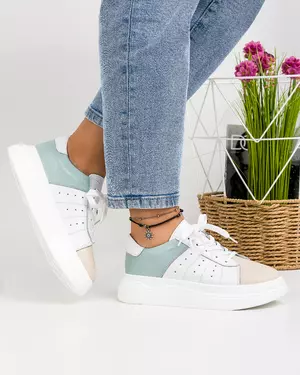 Pantofi Piele Naturala Camelia Albi + Albastru