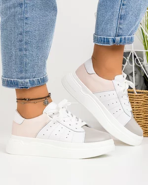 Pantofi Piele Naturala Camelia Albi + Roz