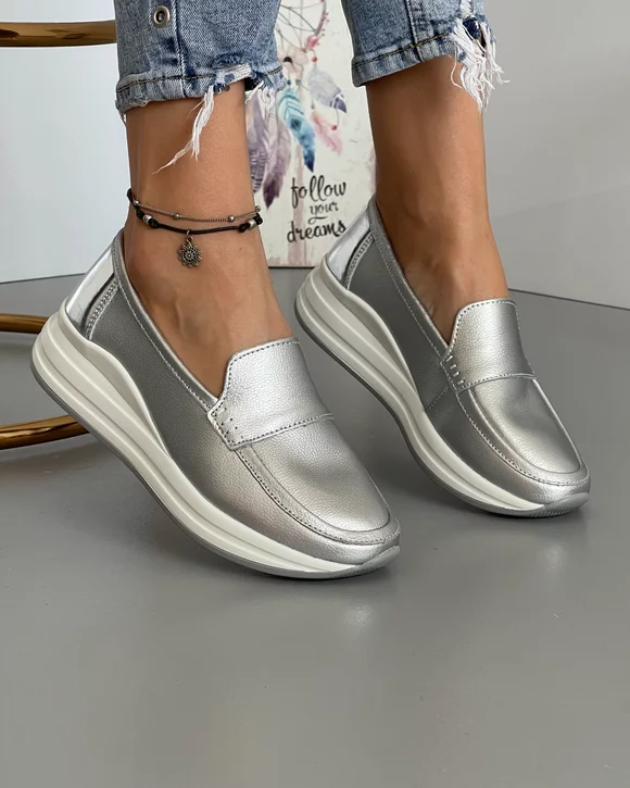 Pantofi Piele Naturala Larisa - Argintii