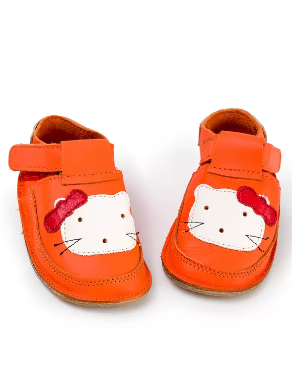 Pantofi primii pasi portocalii cu forma pisicuta PCC11