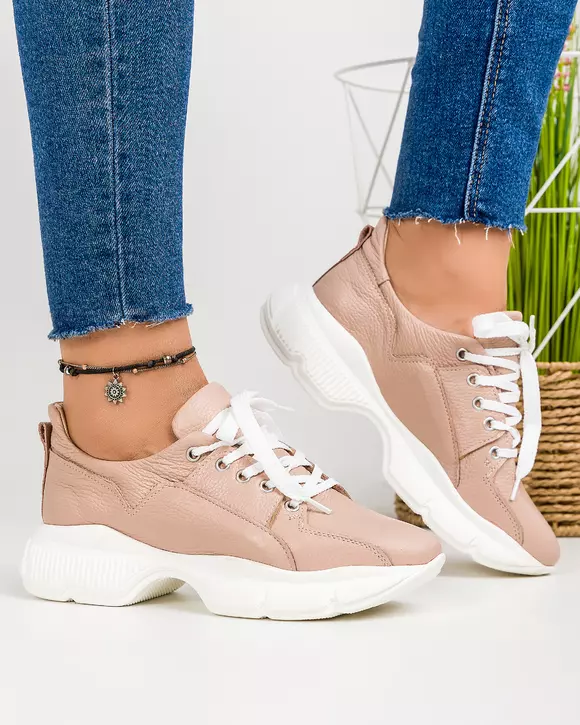 Pantofi sport dama piele naturala cappucino cu inchidere sireturi BA001