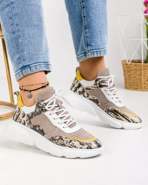 Pantofi sport piele naturala intoarsa gri cu imprimeu piele naturala lucioasa LF239